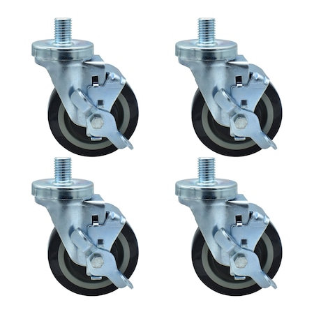 Bk Resources 4-inch Threaded Stem Casters, Polyurethane Wheels, Top Lock Brake, 300lb Capacity, 4PK 4SBR-6ST-PLY-PS4